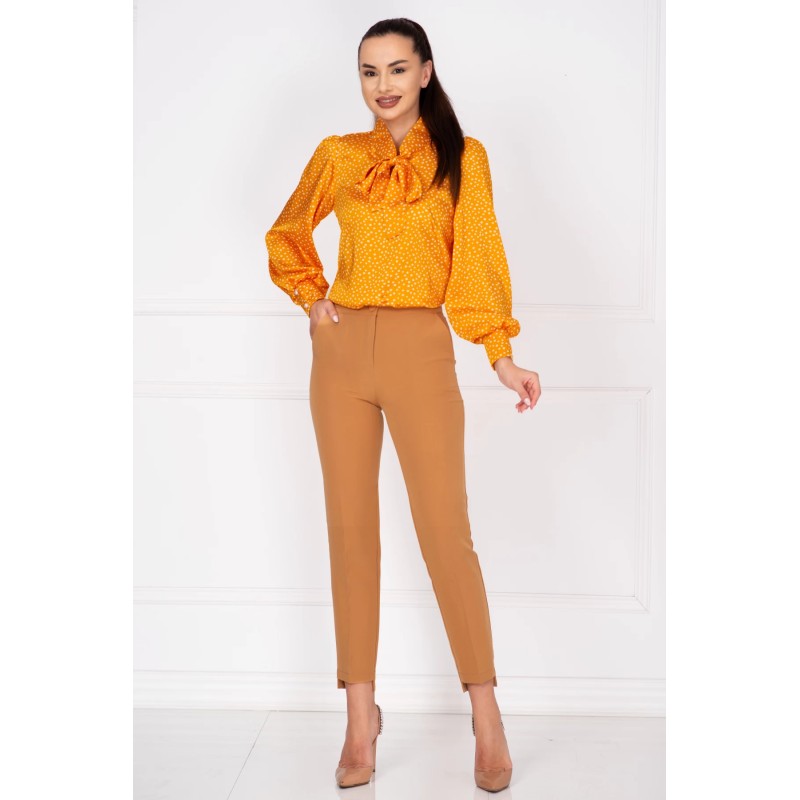 Pantaloni dama office bej conici cu tiv asimetric