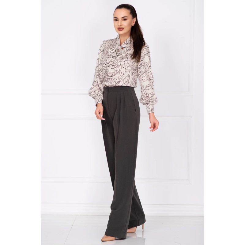 Pantaloni office gri Pretty Girl drepti cu pliuri in talie