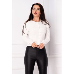 Pulover de primavara alb din tricot cu riziuri si nasturi