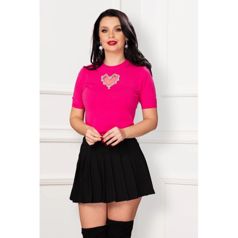 Top ciclame din tricot fin cu inima din strassuri