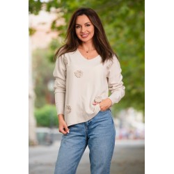 Pulover din tricot fin bej cu flori 3D tricotate