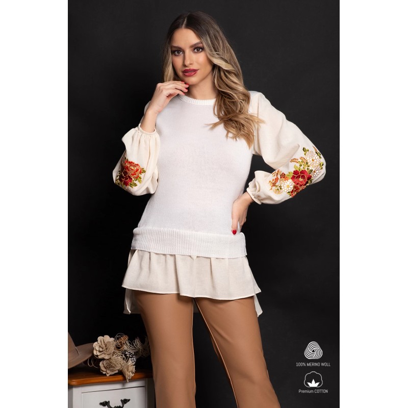 Pulover Lehel din lana merino ecru cu maneci brodate cu bujori bordo si aplicatie tip camasa