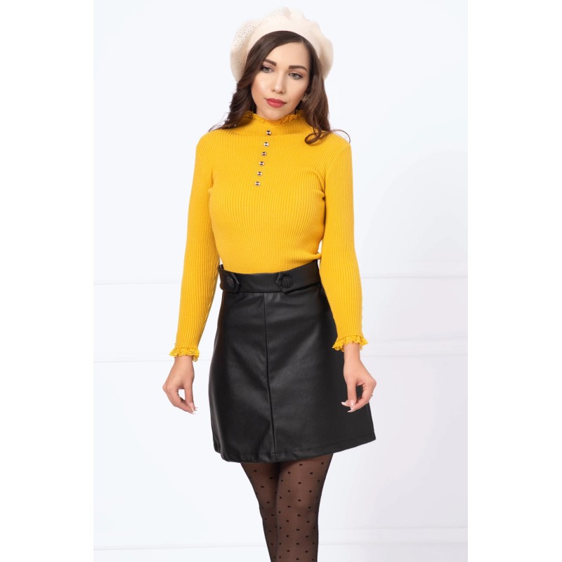 Pulover elegant mustar din tricot cu dantela la guler si mansete