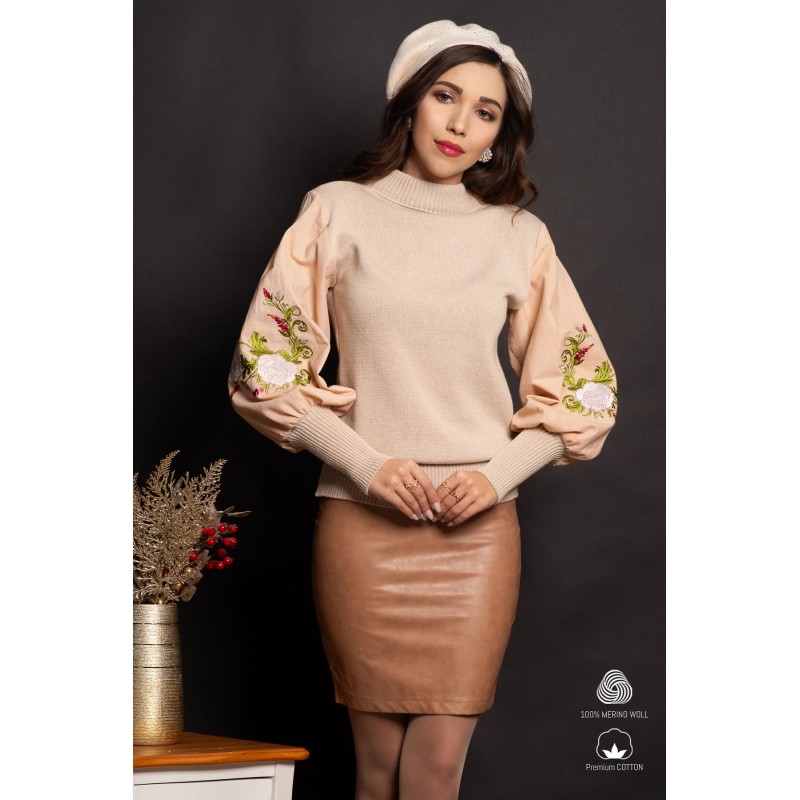Pulover dama traditional din bumbac bej cu flori rosii brodate