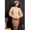 Pulover dama traditional din bumbac bej cu flori rosii brodate