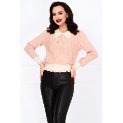 Pulover dama roz din tricot fin June cu guler in contrast