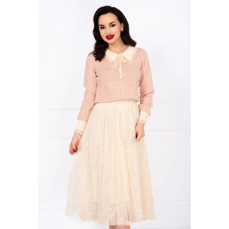 Pulover din tricot fin roz Lotus cu inimioare in relief