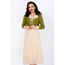 Pulover din tricot verde Petra cu guler cu buline si brosa detasabila