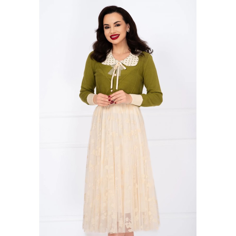 Pulover din tricot verde Petra cu guler cu buline si brosa detasabila