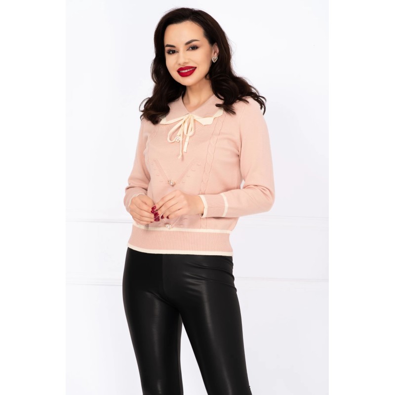 Pulover dama roz din tricot Thea cu guler dublu si nasturi pretiosi