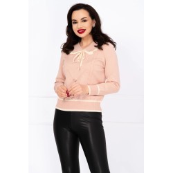 Pulover dama roz din tricot Thea cu guler dublu si nasturi pretiosi