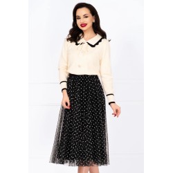 Pulover dama ecru din tricot Thea cu guler dublu si nasturi pretiosi