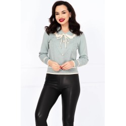 Pulover dama bleu din tricot Thea cu guler dublu si nasturi pretiosi