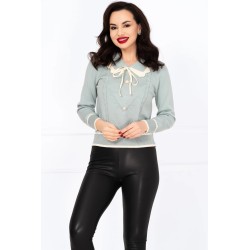 Pulover dama bleu din tricot Thea cu guler dublu si nasturi pretiosi