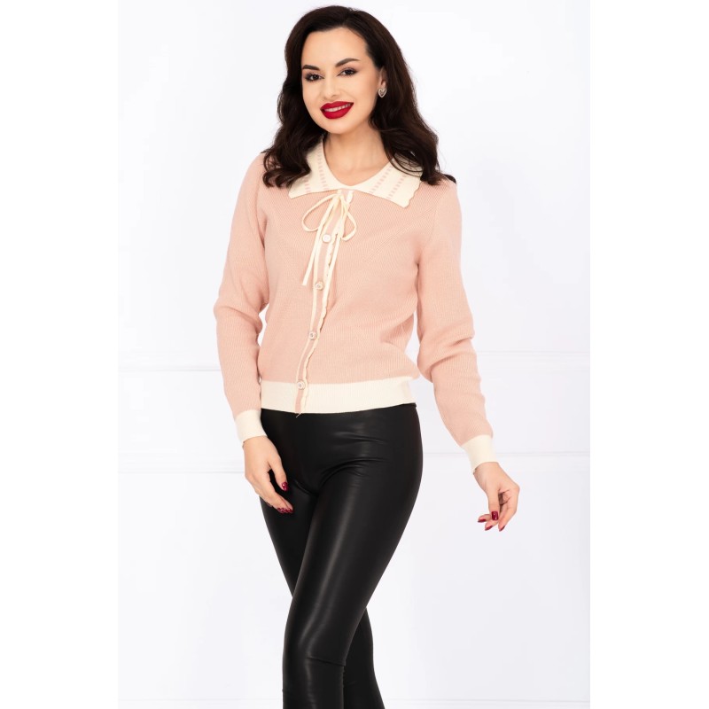 Pulover dama roz din tricot Talia cu guler ondulat si nasturi decorativi