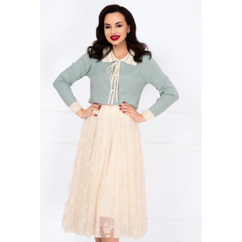 Pulover dama bleu din tricot Talia cu guler ondulat si nasturi decorativi