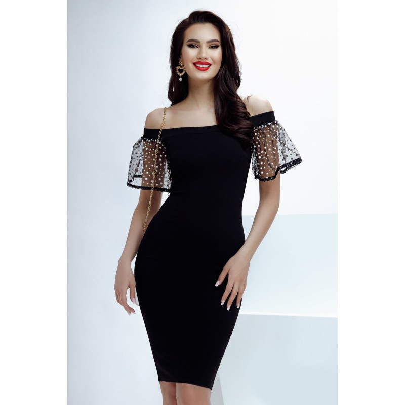 Rochie de ocazie Fofy neagra pe umeri cu maneci tip volan cu glitter
