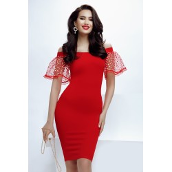 Rochie de ocazie Fofy rosie pe umeri cu maneci tip volan cu glitter