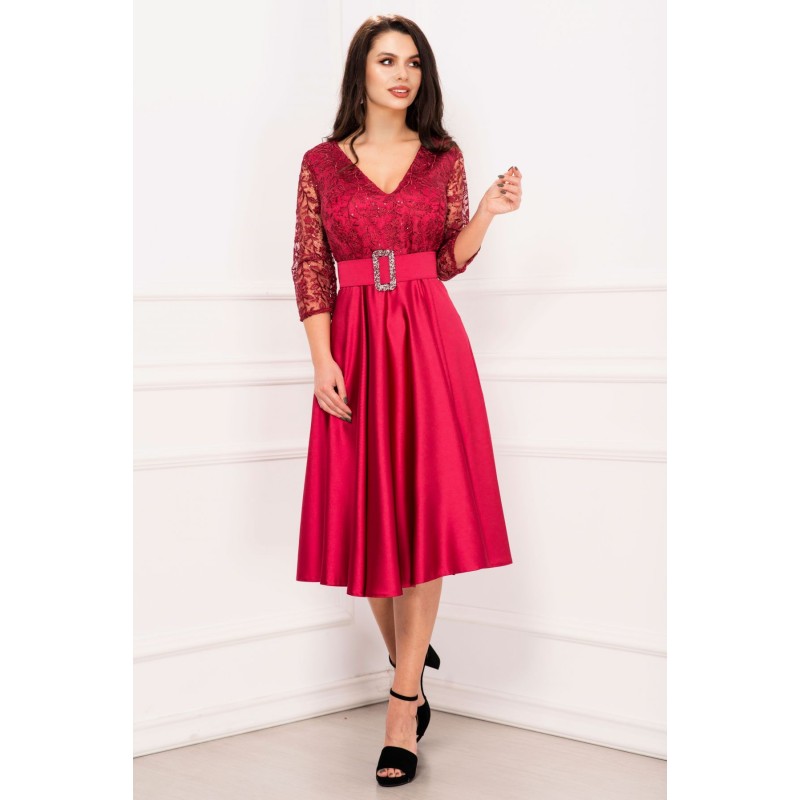 Rochie de soacra midi din tafta bordo cu dantela la bust si centura pretioasa