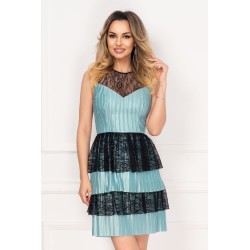 Rochie Xara eleganta mint din jerse plisat cu volane din dantela neagra