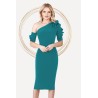 Rochie eleganta de ocazie Pretty Girl turquoise cu umar gol si volanase