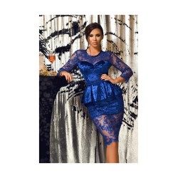 Rochie Atmosphere albastra de ocazie midi conica din catifea si tul brodat cu peplum in talie