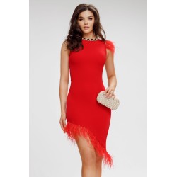 Rochie de ocazie Fofy rosie asimetrica cu fulgi si colier pretios