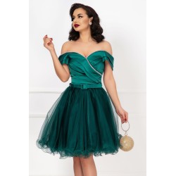 Rochie de ocazie baby-doll verde cu fronseuri si banda din strassuri