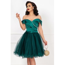 Rochie de ocazie baby-doll verde cu fronseuri si banda din strassuri