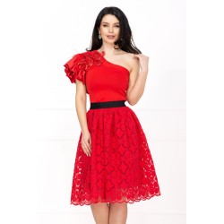 Rochie de ocazie rosie in clos cu fulgi si broderie