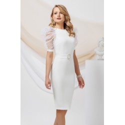 Rochie de cununie ecru Pretty Girl conica cu banda cu perle la gat