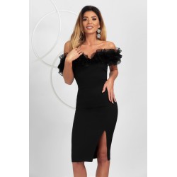 Rochie eleganta de ocazie Pretty Girl neagra cu umeri goi si volane