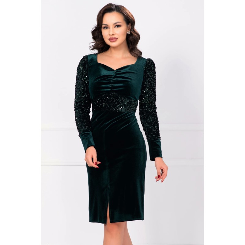 Rochie de ocazie Celia din catifea verde cu maneci din paiete