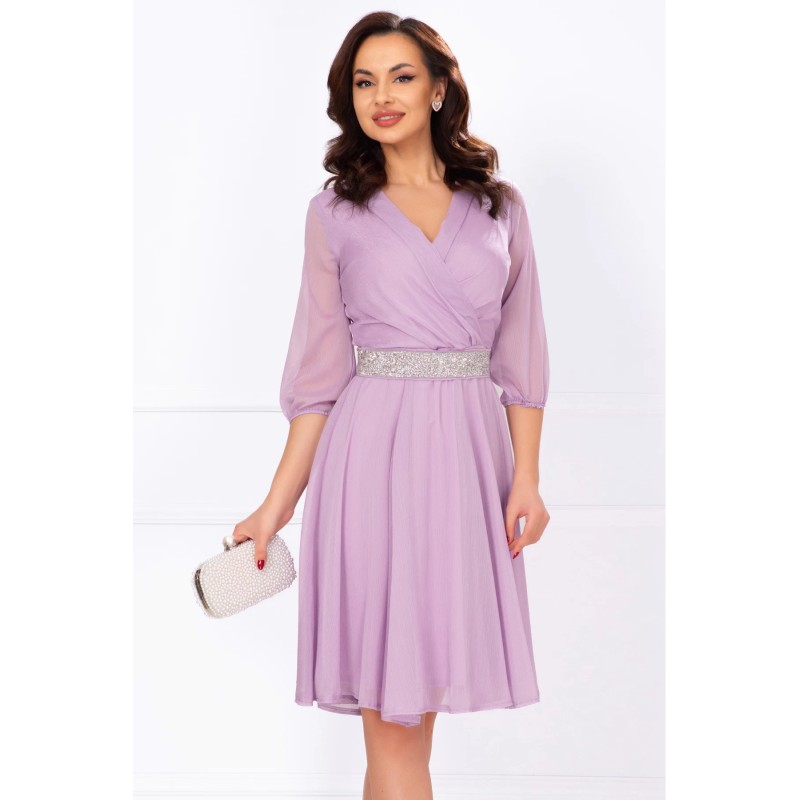Rochie de ocazie in clos lila cu cordon stralucitor in talie