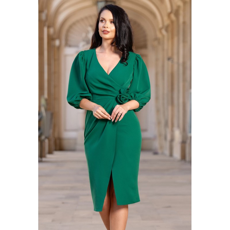 Rochie verde de ocazie conica cu fronseuri si bujori 3D