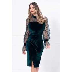 Rochie de ocazie verde din catifea cu maneci din tulle cu buline