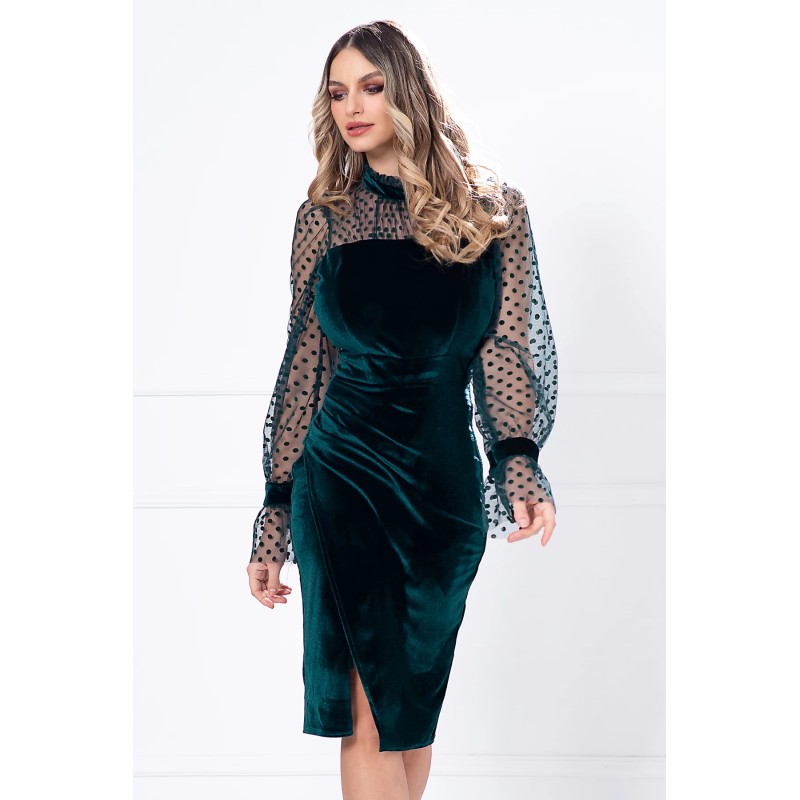 Rochie de ocazie verde din catifea cu maneci din tulle cu buline