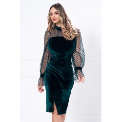 Rochie de ocazie verde din catifea cu maneci din tulle cu buline