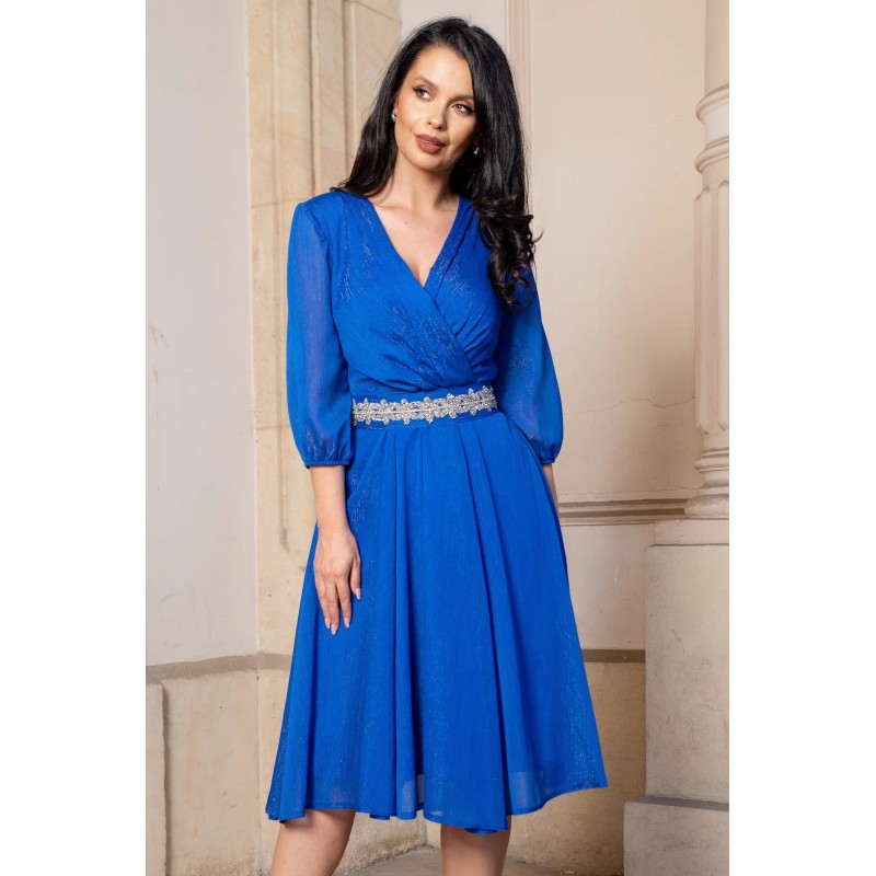 Rochie de ocazie in clos albastra Romina cu cordon stralucitor in talie
