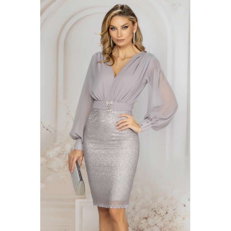 Rochie eleganta argintie conica din dantela pretioasa si voal fin