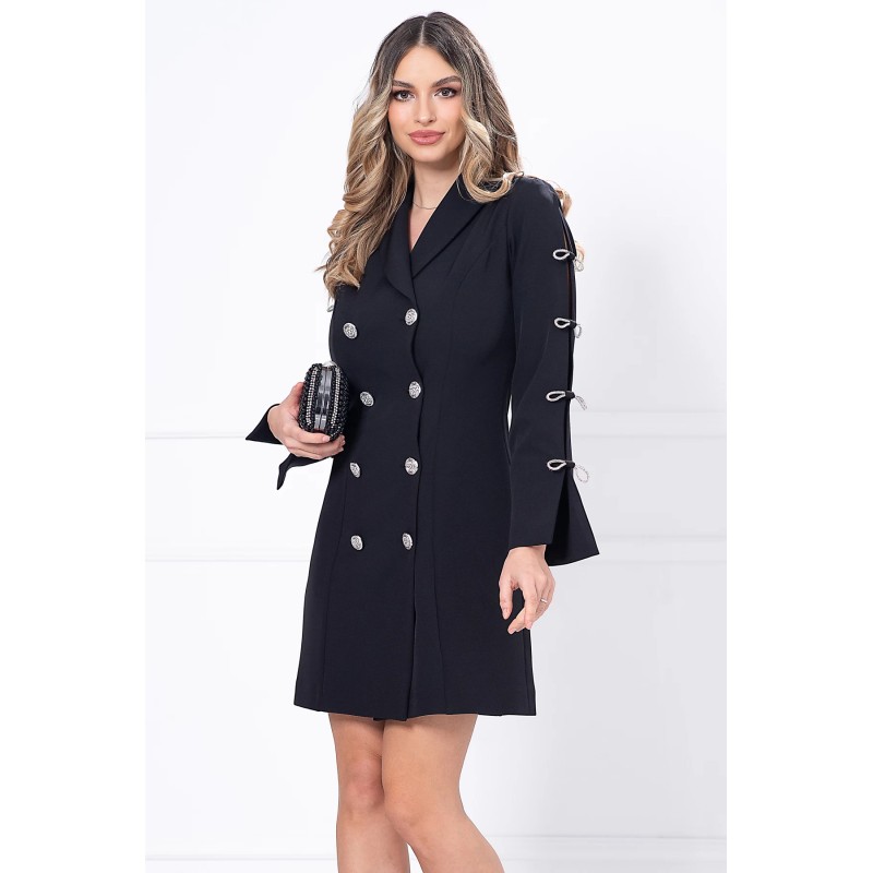 Rochie eleganta neagra tip sacou decorata cu fundite argintii