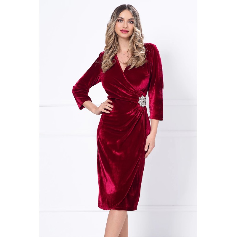 Rochie eleganta bordo din catifea Caterina cu accesoriu argintiu in talie