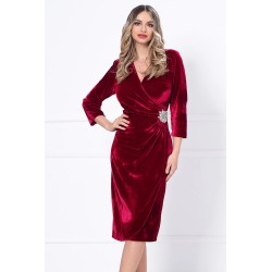 Rochie eleganta bordo din catifea Caterina cu accesoriu argintiu in talie