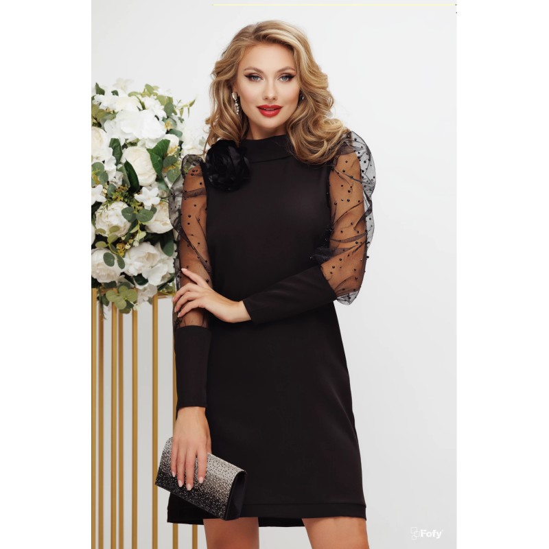 Rochie de ocazie eleganta neagra cu floare 3D si maneci din tulle