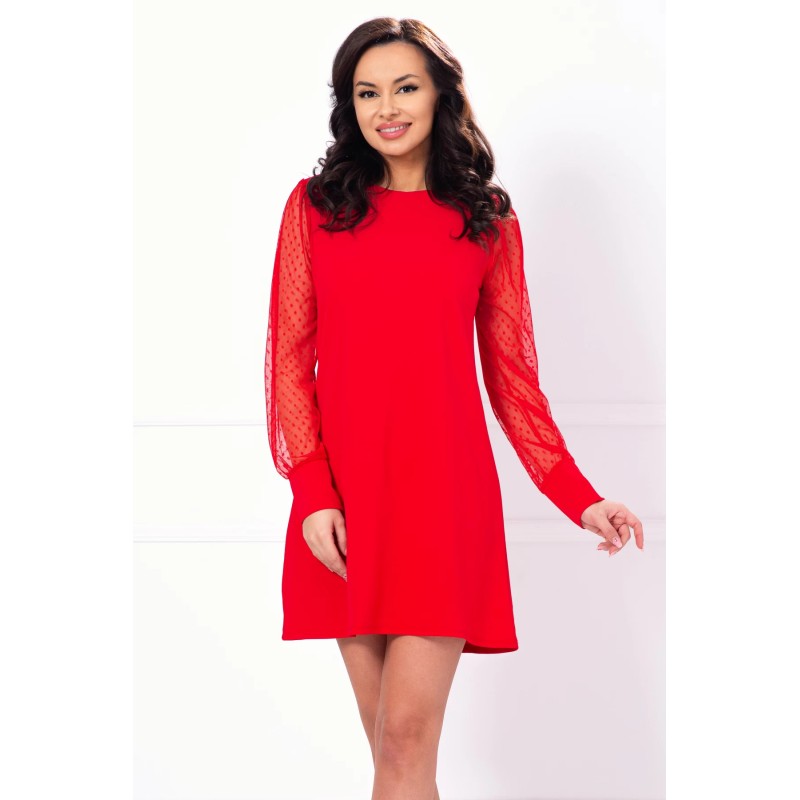 Rochie rosie lejera cu maneci din tulle cu buline