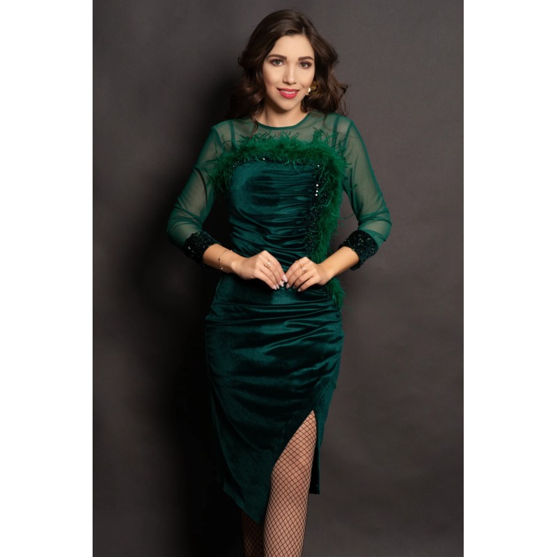 Rochie din catifea verde Noelia cu paiete si fulgi