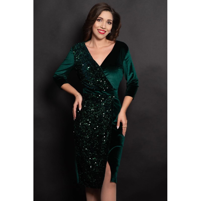 Rochie eleganta Amira verde din catifea cu paiete pe o parte