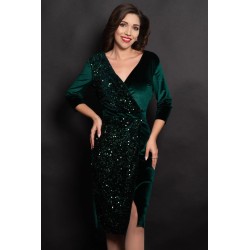 Rochie eleganta Amira verde din catifea cu paiete pe o parte