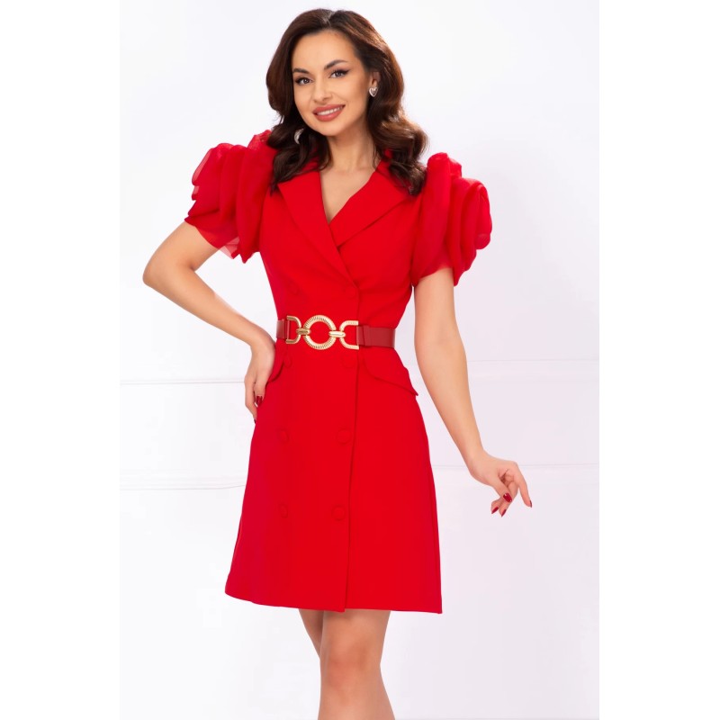 Rochie rosie tip sacou cu trandafiri stilizati