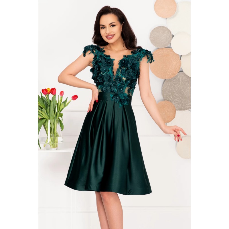 Rochie de ocazie eleganta verde in clos Liana cu flori 3D